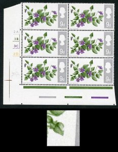 Spec W117b 1967 9d Flowers (Ordinary) with Notch in Leaf Variety Cyl Block 6 U/M