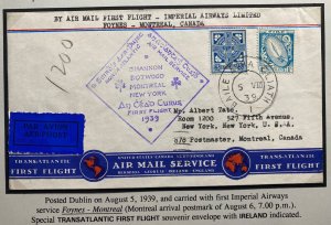 1939 Dublin Ireland First Airmail Flight Cover To Canada Imperial Airways