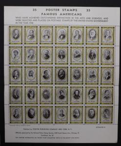 Famous Americans 35 poster stamp society Mint souvenir sheet 1940 NPSS 87 art DM