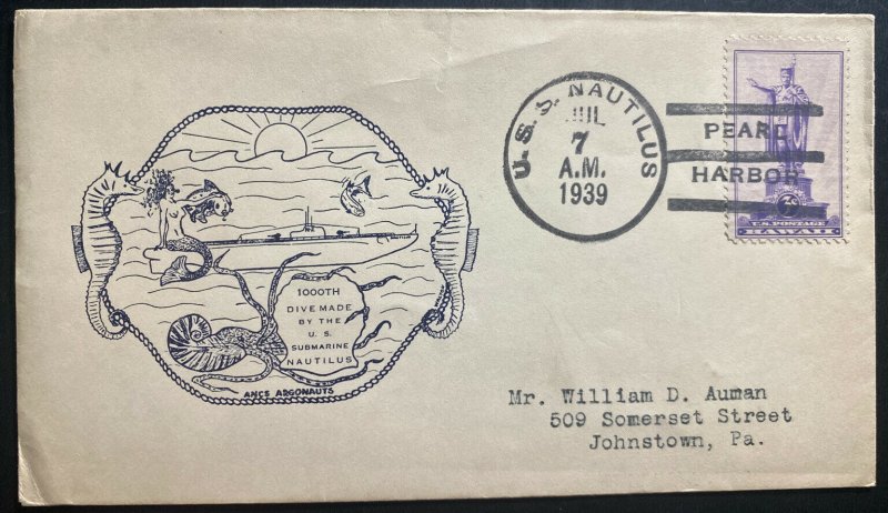 1939 USA NAVY USS Nautilus SUBMARINE 1000th Dive Made First Day Cover