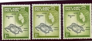 Pitcairn Islands 1957 QEII 1d in all 3 listed shades superb MNH. SG 19, 19a, 19b