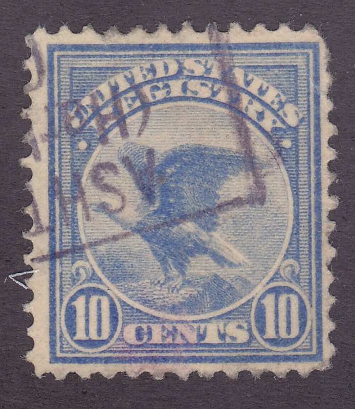 US F1 Used 1911 10¢ Ultramarine Eagle Registration Stamp Very Fine 