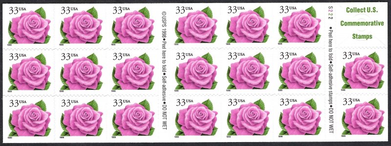 United States #3052d 33¢ Pink Rose (1999). Pane of 20. MNH