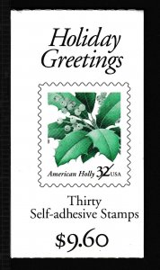 1997 Holiday Holly 32c Sc BK265 MINT full booklet pane of 15 plate number B1111