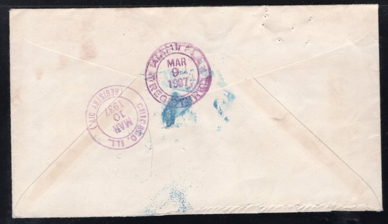 Bahamas 1937 Registered Airmail cover to Chicago franked 2p & 8p, Scott 74, 96