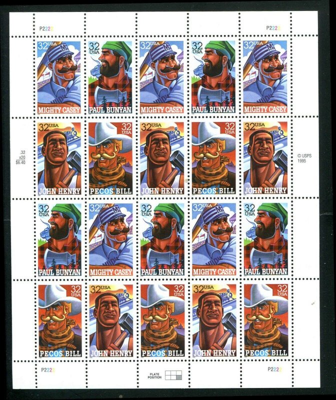 US Stamps SC# 3083 - 3086 Folk Heroes Sheet of Twenty 32¢ MNH  1996 