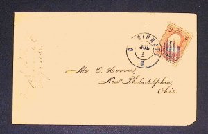 7/1/1862 Cincinnati cover O. Hover New Philadelphia Ohio  Blue CDS