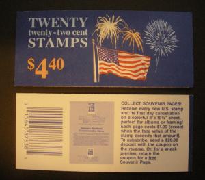 BK156, Scott 2276a, 22c Flag with Fireworks, NO PL #, MNH COMPLETE Booklet