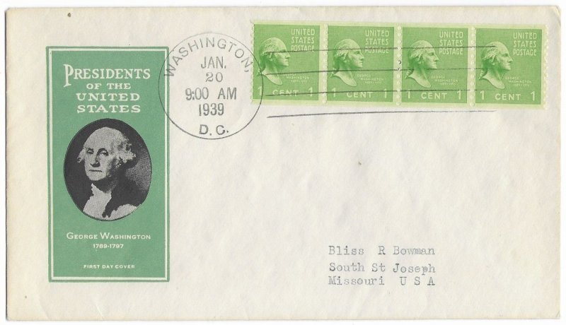 1939 Prexie Coil FDC, #839, 1c George Washington, Ioor, strip of 4