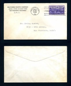 # 835 addressed First Day Cover with Southern Pacific cachet 6-21-1938 #2