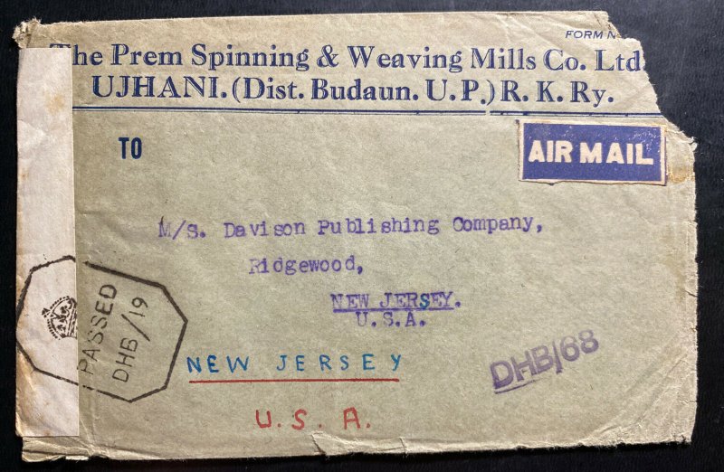 1944 Budaun India Airmail Censored Commercial Cover to Ridgewood NJ USA