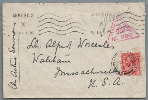 GB 1915 ON ACTIVE DUTY Army P.O.3 censored cover to Waltham Mass.