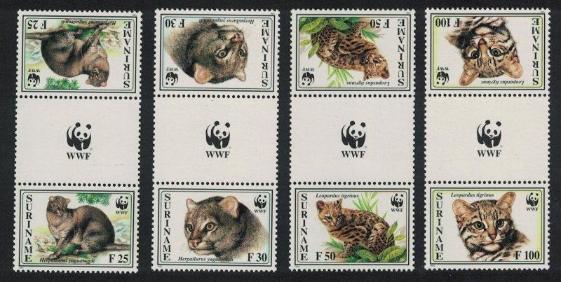 Suriname WWF Spotted Cat Jaguarundi 4v Gutter Pairs RAR 1995 MNH