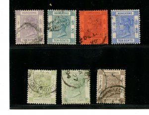 Hong Kong #42, 43a, 44, 45, 47, 47a, 48 (084) 1881-1902 issues, U, F-VF, CV$157.