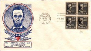 Scott 821 16 Cents Lincoln WSE / Clifford FDC Unaddressed Block Planty 821-58