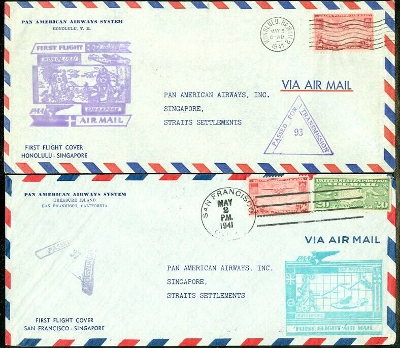 EDW1949SELL : STRAITS SETTLEMENT 5 1941 Air Mail First Flight covers to S'pore