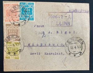 1919 Tallinn Estonia Registered Cover To Estonian Consulate Helsinki Finland