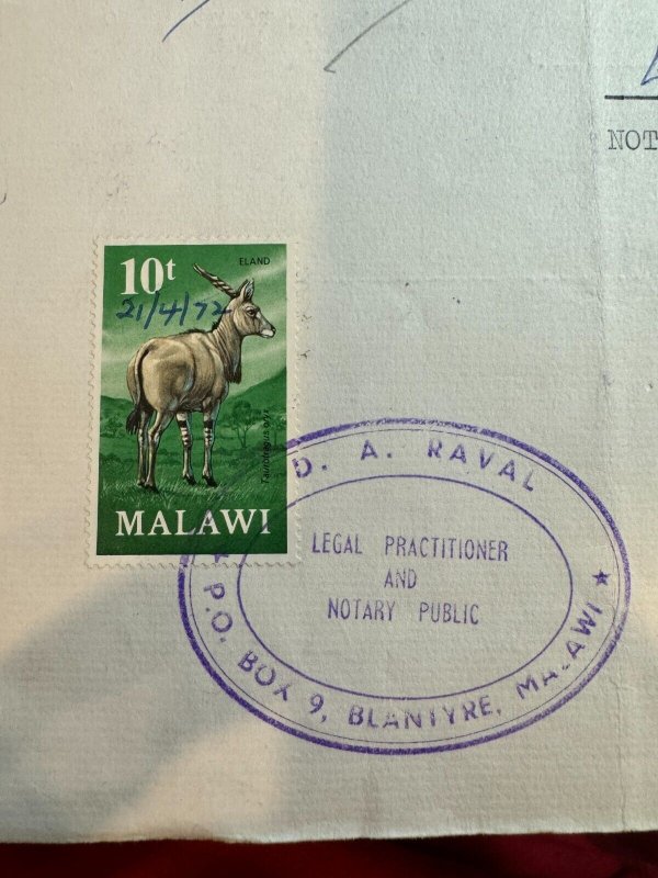 Malawi - 10t Stamp used as revenue on 1972 Document