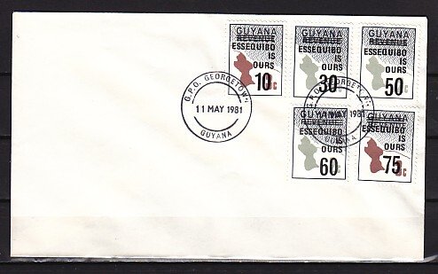 Guyana, Scott cat. 366-370. Map issue SURCHARGED. First day cover. ^