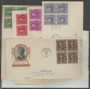 US 859-863 1940 1c to 10c Famous Authors blocks of 4. Complete set of 5 on Cacheted FDCs.