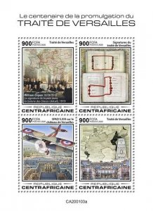 Central Africa 2020 - World War l Treaty of Versailles - Sheet of 4 Stamps - MNH