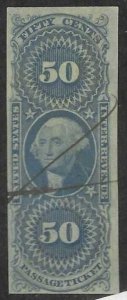 50c 1st ISSUE WASH PASS TICKET REVENUE (R61a) IMPERF LITE MAN CNCL $90