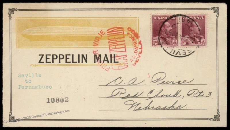 Spain Germany 1930 Graf Zeppelin Seville Si58Ab Red Cloud NE Flown Cover 97065