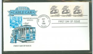 US 2263 1988 20c cable car - 1880's, transportation series, coil plate number #1 strip of 3 on unaddressed fdc with artm...