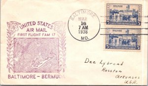 SCHALLSTAMPS UNITED STATES 1938 CACHET COVER FIRST FLIGHT ADDR CANC BALTIMORE MD