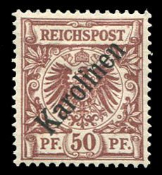 German Colonies, Caroline Islands #6a Cat$600, 1899 50pf red brown, overprint...