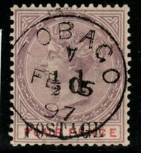 TOBAGO SG33a 1896 ½d on 4d LILAC & CARMINE SPACE BETWEEN ½ AND d USED