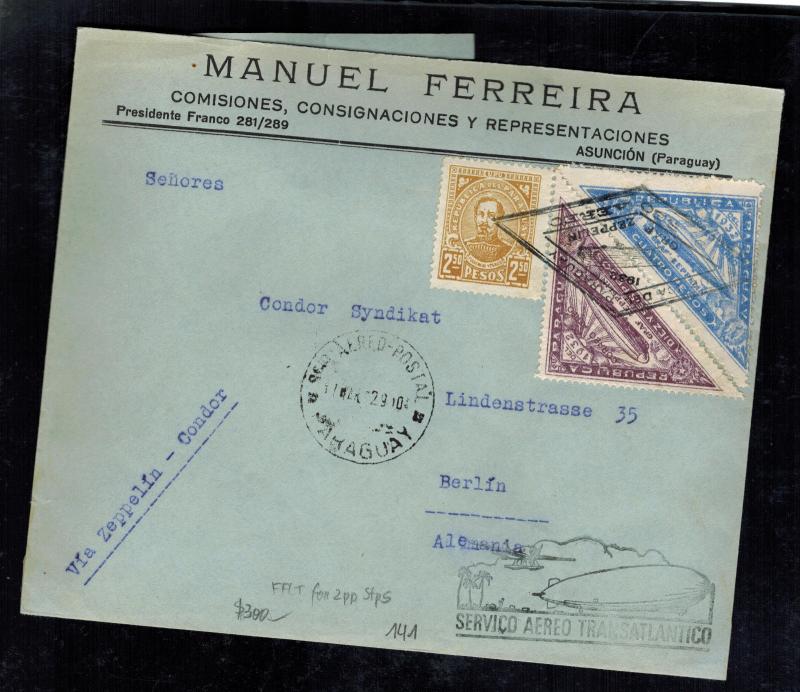 1932 Paraguay Graf Zeppelin Cover to Berlin Germany LZ 127 Private Cachet