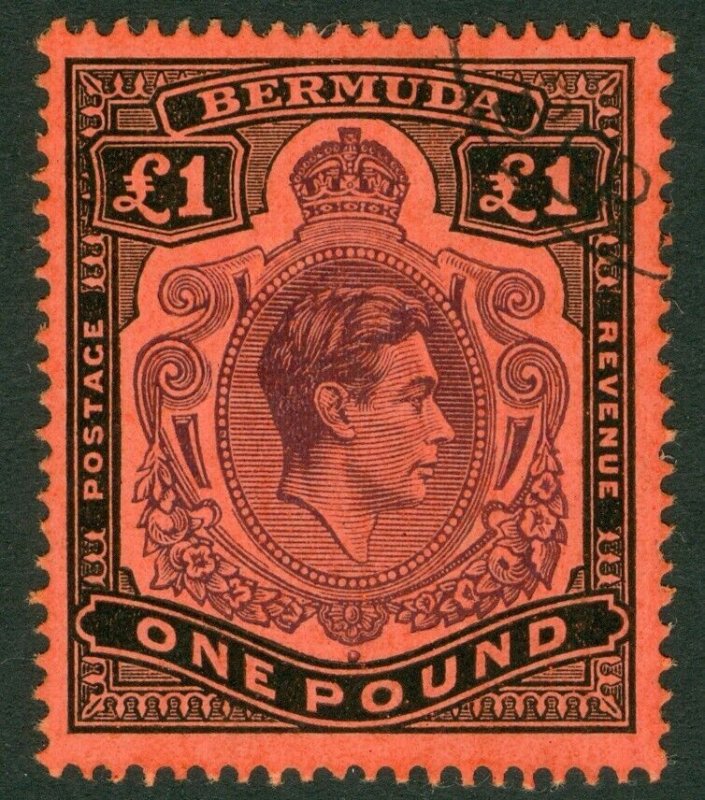 SG 121b Bermuda 1938-53. £1. Very fine used part CDS, leaves Kings profile...
