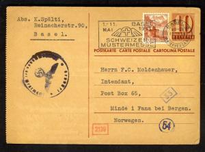 SWITZERLAND 1943 Uprated Postal Card CENSORED BY GERMANY to NORWAY