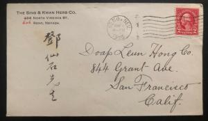 1925 Reno NV USA Cover To San Francisco Chinese Writing Sing & Kwan Herbs