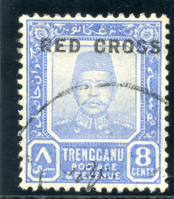 Malaya-Trengganu 1917 KGV Red Cross 2c on 8c ultramarine VFU. SG 22. Sc B3