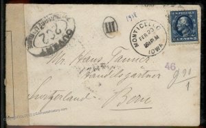 USA 1918 Switzerland WWI Censor MONTICELLO IA 5c Washington Franklin Cover 95704