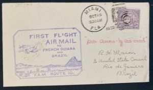 1930 Miami Fl USA First Flight Airmail Cover FFC To Rio De Janeiro Brazil