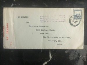 1940 Tel Aviv Palestine Dual Censored cover to The University Of Chicago USA