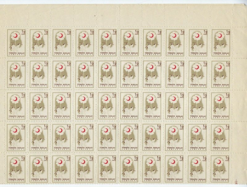 TURKEY 1957 RED CRESCENT STAMPS 1/2k FULL SHEET OF 100 UNISSUED COLORS