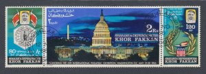 Sharjah, Khor Fakkan, Mi 73-75 used. 1966 - SIPEX '66, Washington DC, strip of 3