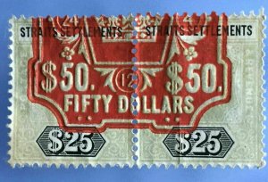 MALAYA STRAITS SETTLEMENTS 1906 KEVII FISCAL REVENUE $25 PAIR Used SG#139 M3302