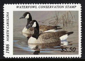 USA — NORTH CAROLINA — SCOTT NC4 — 1986 STATE DUCK STAMP — MNH — SCV $16.00