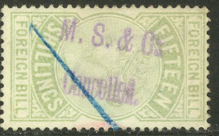 GREAT BRITAIN QV 15sh Foreign Bill Revenue w M.S.& Co. Cancelled Handstamp USED