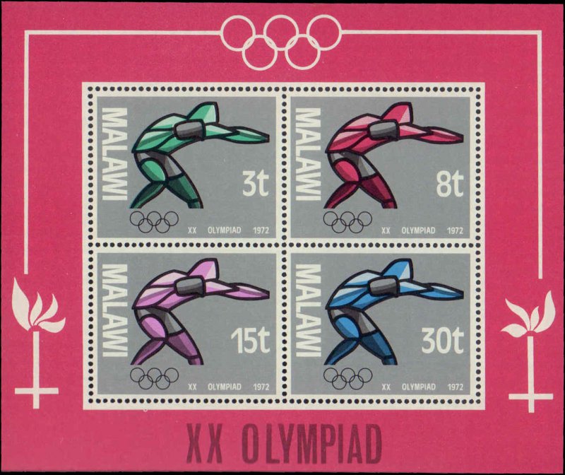 Malawi #193a, Complete Set, S/S Only, 1972, Olympics, Never Hinged