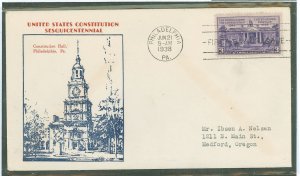 US 835 1938 3ct Constitution radification anniversary (single) on an addressed (typed) first day cover with a cachet by an unkno