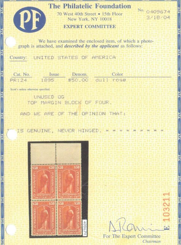 USA #PR124 Extra Fine Never Hinged **With Certificate**