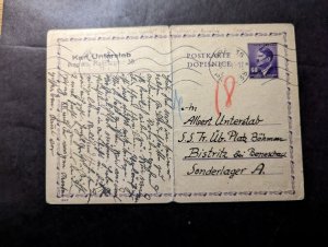 1944 Germany Bohemia Moravia Postcard Cover to Special Camp Sonderlager Bistritz