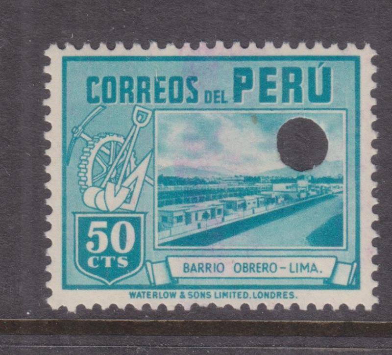 PERU, 1938 50c. Greenish Blue, Laborers Homes, Waterlow Punched Proof, perf.