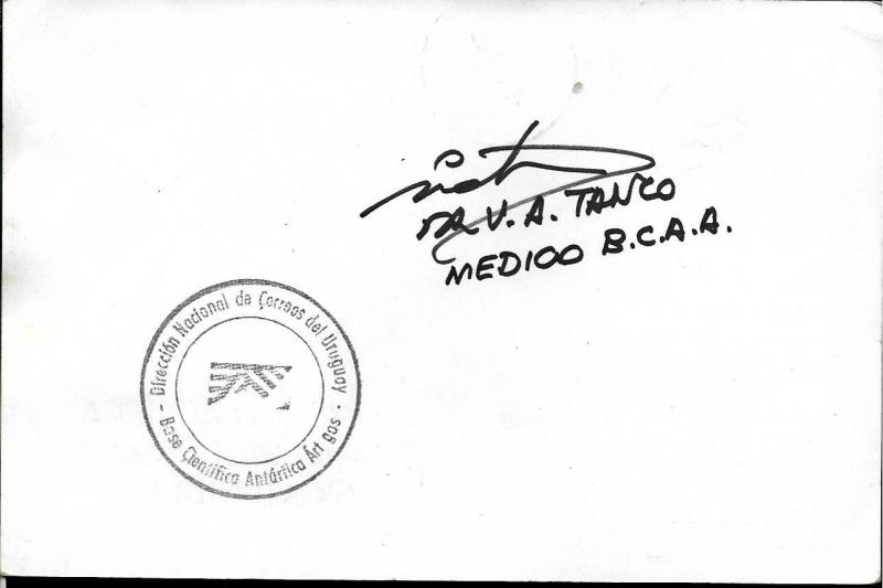 AANT-86 URUGUAY1992 ANTARCTICA ANTARCTIC ARTIGAS STATION CARD SIGNED BY MEDICAL